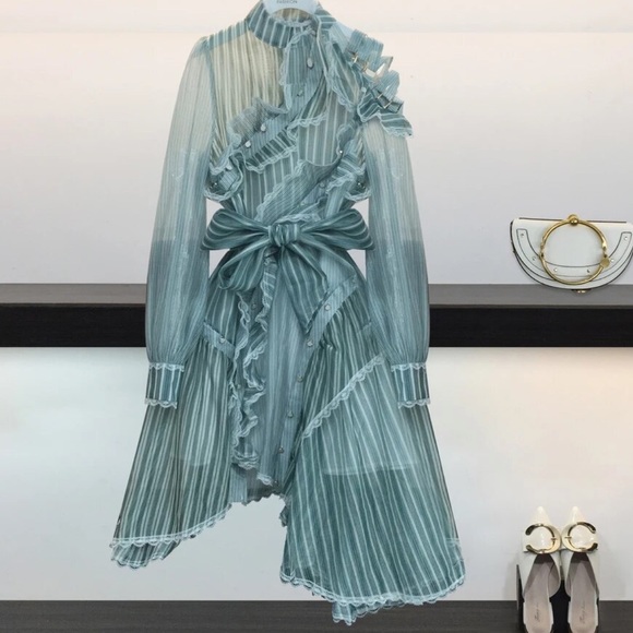 Runway Blue Stripe Asymmetrical Dress - Picture 8 of 13